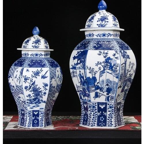 Vintage blue and white chinese vase with lid ceramic ginger jar retro porcelain temple jars Decorative Jar with Lid Qing style