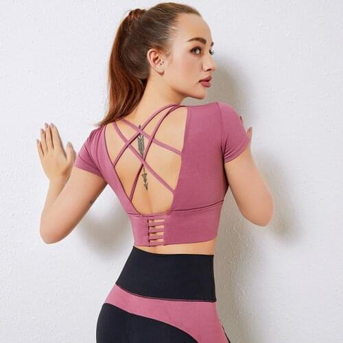 Sweat Absorbing Tight Fitness T Shirt Women Running Quick-Drying Sports Top Back Cross Hollow Short-Sleeve Yoga Shirts With Pad