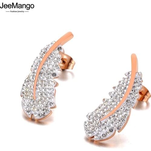 JeeMango Vintage Feather Stainless Steel Stud Earrings Rose Gold Handmade Clay White Crystals Ear Jewelry For Women JE20161