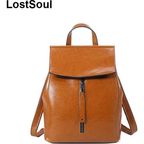 LostSoul backpack female genuine leather bags for women oil wax leather backpack solid belts vintage mochila mujer cuero natural