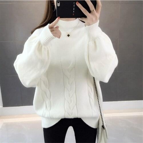 Korean Autumn Women Sweater Half Turtleneck Lantern Sleeve Knit Pullover Loose Plus Size 5XL Fashion Jumper Tops 2021 Pull Femme