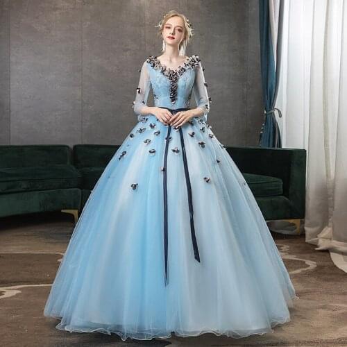 Quinceanera Dresses 2020 New The Party Three Quarter Sleeve Sexy V-neck Ball Gown Luxury Prom Formal Gowns Plus Size Vestidos