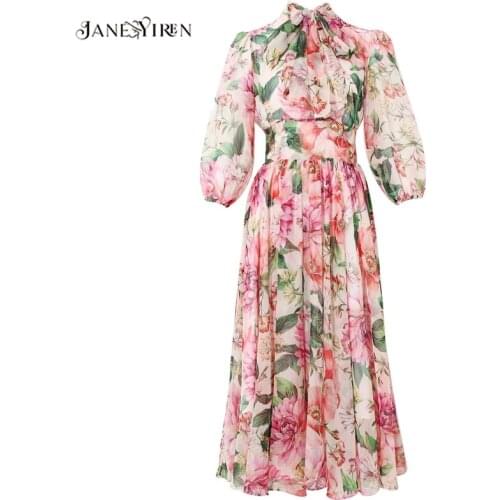 JaneYiren Fashion Designer dress Spring Summer Women Dress Bow collar Rose Floral-Print Elegant Vacation Chiffon Dresses