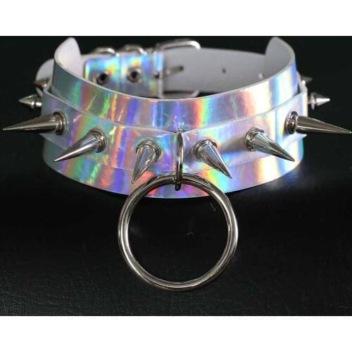 ZIMNO Goth Laser Leather Wide Collar Sexy Punk Spiked Nail Ring Necklace for Women Egirl Collar Streetwear Choker Chain Jewelery