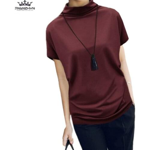 2019 New Fashion Women T-shirt Spring Summer Large Size Basic Turtleneck Short Sleeved Solid Tops Loose Casual Female Tops A151