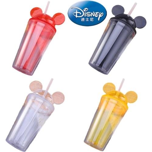 450ml Disney Mickey Double Roller Plastic Coffee Cup with Lid Straw Milk Cup Creative Cute Water Cup Outdoor Portable Gift Cup