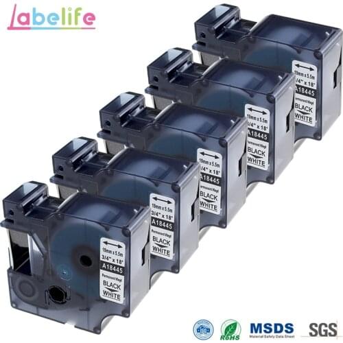 5 Pack 18445 For DYMO Rhino 19mm S0718620 IND Vinyl Labels Compatible White Vinyl Tape With Flexibility and Strong Adhesive