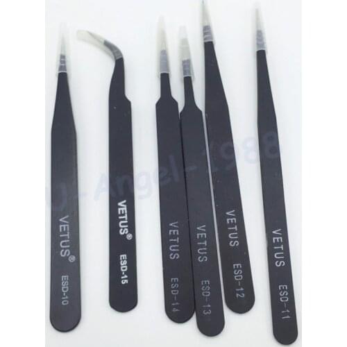 6pcs/lot Different size Vetus Anti-static ESD Tweezers Tweezer For Soldering Station Welding Assist Tools