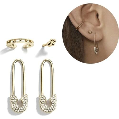 Safety Pin Earrings Clip On For Women Unique Design Punk Rock Shiny Crystals Metal Paperclip Earrings Christmas Jewelry Gifts