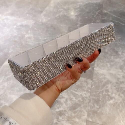 Bling Makeup Organizer Box All Rhinestones Acrylic Grid Storage Home Office Desktop Storage Bins Cosmetic Box Space Saver