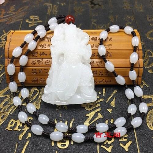 Saintly White jade Carven GuanYu pendant Lucky Amulet Mala Bead Necklace Hanging certificate