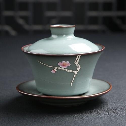 Boutique gaiwan porcelain tureen with cup saucer coaster ceramic covered bowl with lid guan yao craft Chinese cup bowl on sales
