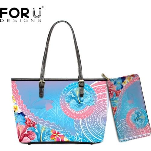 FORUDESIGNS Vintage Female Shoulder Bag And Purse 2pcs Set Hawaiian Polynesian Hibiscus Floral Printing Women Handbag Bolsas
