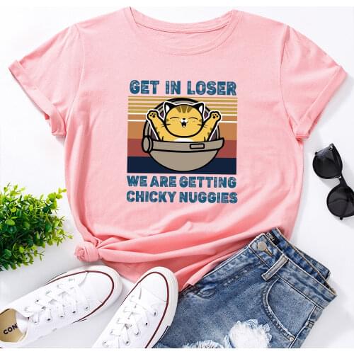 Womens Graphic Tees Cotton Short Sleeve Crew Neck Loose T Shirt Plus Size Tops Female Summer Casual Clothes Get In Loser Cat