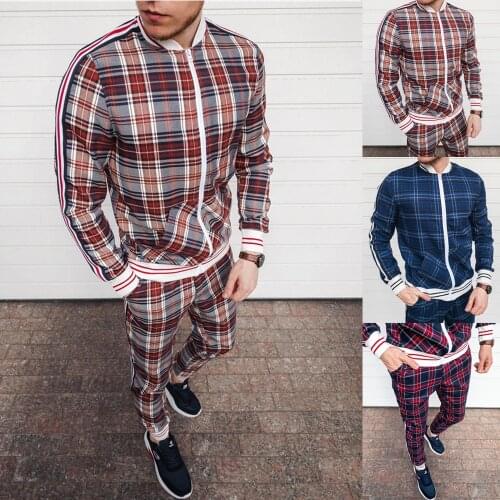 2021 Man Tracksuits Mens Sets 3D Print Sets Men Grid Two-piece Patchwork Zipper Tracksuits Small Leg Trouser Sweat Suits Sets