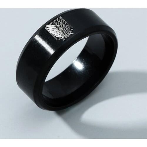 MOREDEAR 8mm Attack on Titan Black Stainless Steel Ring Wings Of Liberty Flag Finger Rings For Men Women Jewelry Anime Fans