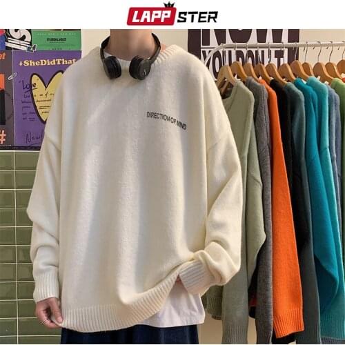 LAPPSTER Men Solid 13 Colors Oversized Knitted Sweater 2021 Man Harajuku Vintage Black Y2k Sweatets Korean Fashion Cute Pulloves