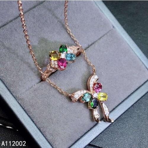 KJJEAXCMY fine jewelry natural Tourmaline 925 sterling silver women gemstone pendant necklace ring set support test popular