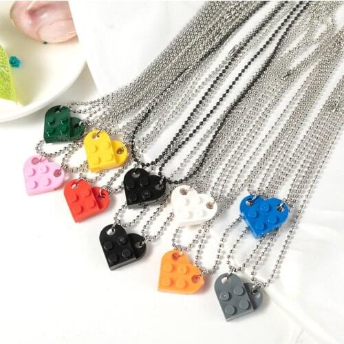 2pcs Heart-shaped Necklace Creative Love Pendant Double-layer Bead Chain Building Blocks Elements Couple Neck Chain Female