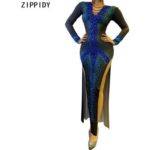 Black Blue Rhinestone Spandex Dress Prom Birthday Celebrate Wear Bar Club Women Dance Show Evening Split Long Dress