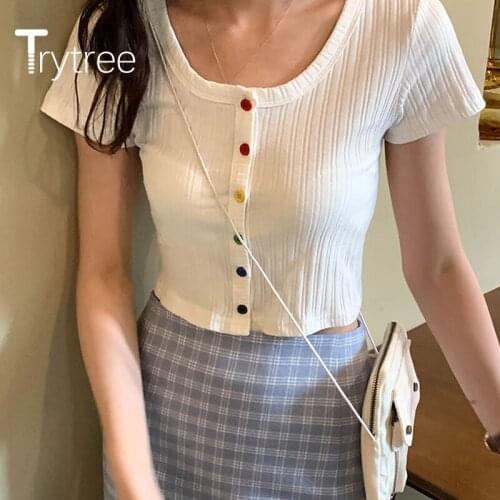 Trytree 2020 Summer Women T-shirt Casual O-neck Slim fit Solid 2 Color Rainbow Button Fashion Knitting All-Purpose Style T-shirt