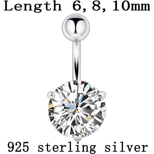 Belly button ring real 925 sterling silver prong 10mm zircon stone clear body jewelry free shipping navel ring piercing jewelry