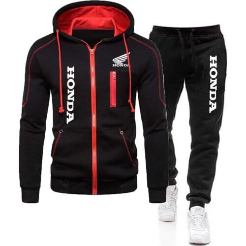 Trend Mens Tracksuit Honda Logo Print Zipper Pullover Hooded Sweatshirt&Pants 2 Piece Sports Suit Jogging Fitness Men Clothing