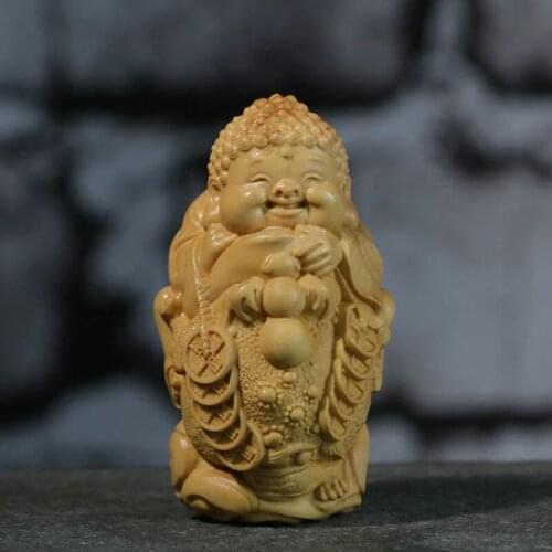 Estatua de Buda dorado de 8CM con ranas de madera de monje, mascota, decoración para el hogar, tallado de boj