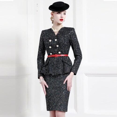 Spring Suit Femininity Tweed Double Breasted Black High End Fashion Celebrity Elegant Professional Dress