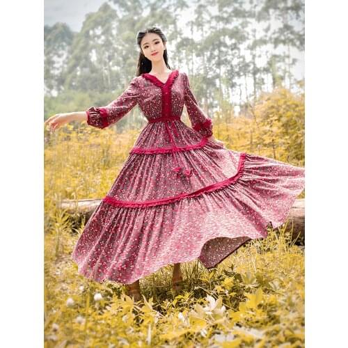 Free Shiping Boshow 2020 Fashion Women Cotton Long Maxi Lantern Sleeve Flower Print Spring And Autumn Bohemian V-neck Dress S-L