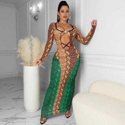 Color Block Snake Skin Print Bandage Long Dress Women Low Neck Long Sleeve Party Club Dresses Vintage Hollow Out Skinny Vestidos
