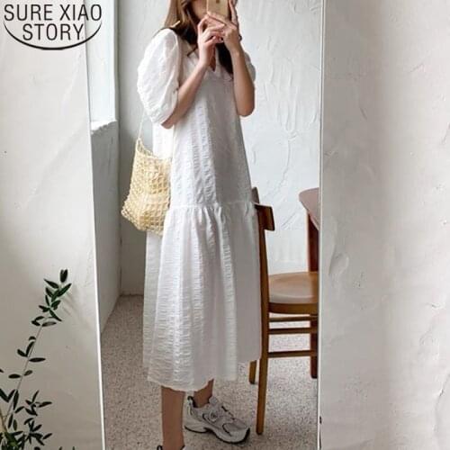 Korea Women 2021 Summer Dress Solid Cotton V-Neck Long Dress Women Casual Bubble Sleeve Loose High Waist Dresses Vestido 14482