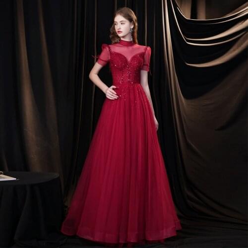 Beauty-Emily High Neck Tulle Sexy Evening Dresses A-Line Sequins Party Dress For Wedding Beads Prom Gowns Lace Back for Women