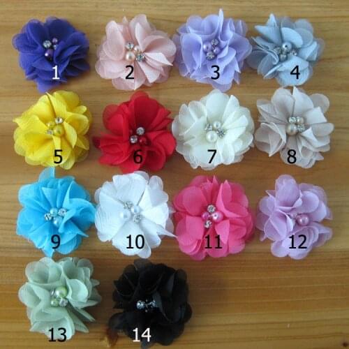 100 pcs/lot , 2.3" Chiffon Pearl Rhinestone Flowers for DIY headbands