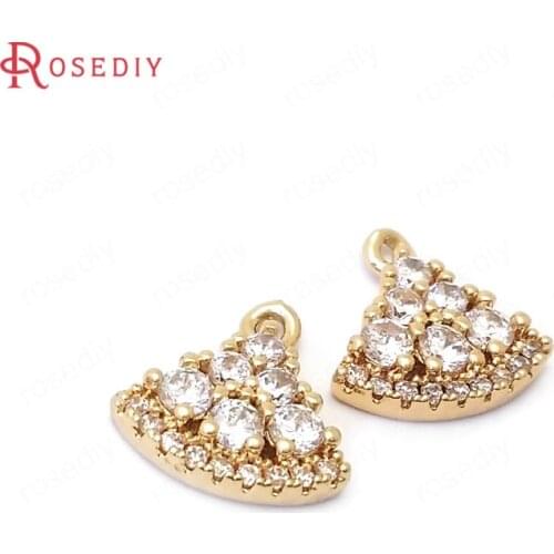 39038)6PCS 11x11MM 24K Champagne Gold Color Brass and Zircon Fan Shape Charms Pendants Jewelry Making Supplies Diy Accessories