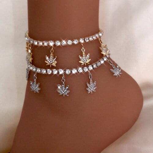 Gold Silver Color Crystal Rhinestone Tennis Chain Anklets Barefoot Jewelry For Women Bling Maple Leaf Pendant Sandals Leg Chain