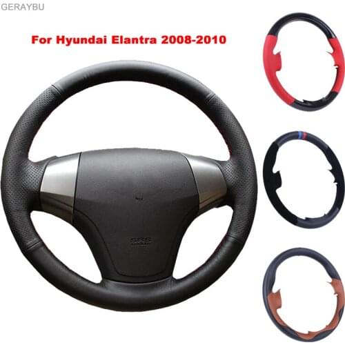 GERAYBU Custom DIY Black Leather Hand-sewn Car Steering Wheel Cover For Hyundai Elantra 2008-2010 Breathable Wear-resistant