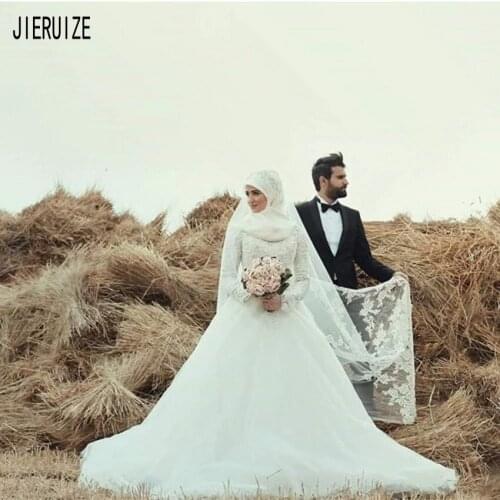 JIERUIZE Gorgeous White Muslim Wedding Dresses Long Sleeves High Neck Lace Appliques Islamic Bridal Dresses robe de mariage