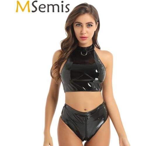 MSemis Women Wet Look Patent Leather Two Piece Lingerie Set Sleeveless Crop Top High Waist Shorts Pole Dance Costume Clubwear