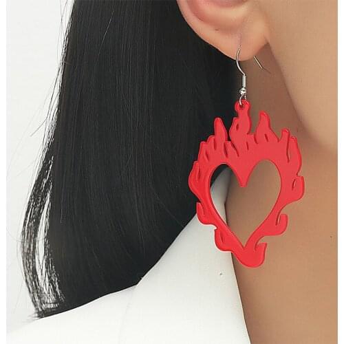 Exaggerated Hollow Out Red Heart Shaped Earrings Creative Punk Flame Pendant Earrings Accessories Hip Hop Womens Party Jewelry
