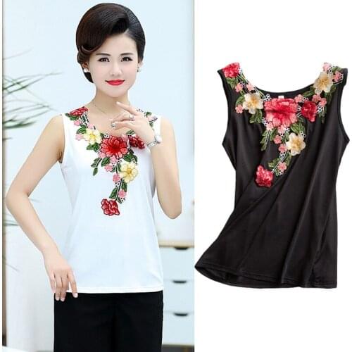 Embroidered Summer Ladies Vest Middle-Aged Lady Sleeveless Waistcoat Coat Bottoming Shirt Fashion Big Size Elegant Womens Tops