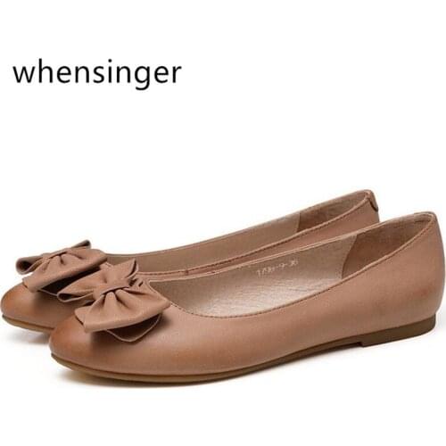 NEW shoes women flat Genuine Leather Slip On Round Toe Soft bottom Sewing thread Bow drive Ladies Loafers women shoes
