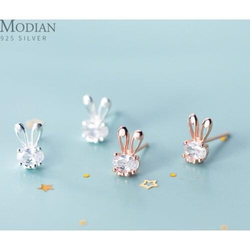 Modian Hot Sale 925 Strling Sliver Lovely Animal Stud Earrig for Women Shining CZ Little Rabbit Ear Stud Fine Jewelry Kids Gift