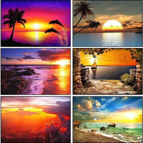 Sandy Beach Diamond Creation Works Landscape Sunset Beads Embroidery Diamond Complete Kit Novelty Painting By Numbers Needlework