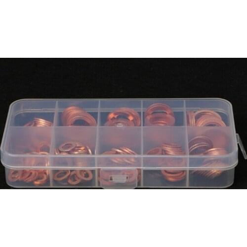 YYSD 200PCS Copper Washers Gasket Set 9 Sizes Flat Ring Seal Kit With Plastic Box