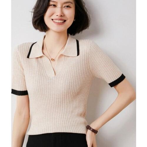Summer new style pure wool polo collar knitted T-shirt short-sleeved thin section slim slimming pullover womens bottoming shirt