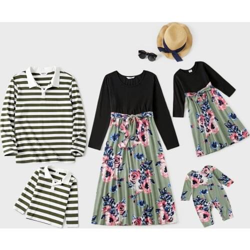 PatPat Cotton Allover Plant Print Splice Solid and Stripe Polo Long-sleeve Family Matching Sets