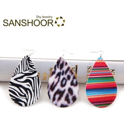 SANSHOOR Mixed Painted Wooden Earrings RainDrop Shape Rainbow Zebra Pattern Afrocentric Ethnic Dangle Jewelry For Women 6Pairs