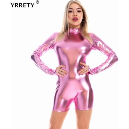YRRETY Shiny Holographic Women Bodysuit Long Sleeve Turtleneck Wet Look Skinny Playsuits Summer Party Night Club Jumpsuits XXL