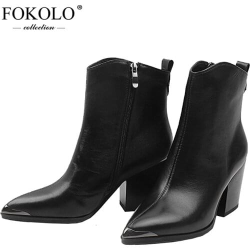 FOKOLO Ankle Boots Women Pointed Toe Full Grain Leather Zipper Fashion Lady Boots 2020 Autumn Winter Simple Shoes Handmade X5